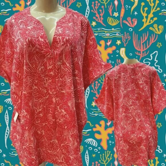 Woman Within +22/24 Coral Leaf Print Split Button Neck Cotton Half Sleeve Top - Picture 1 of 6
